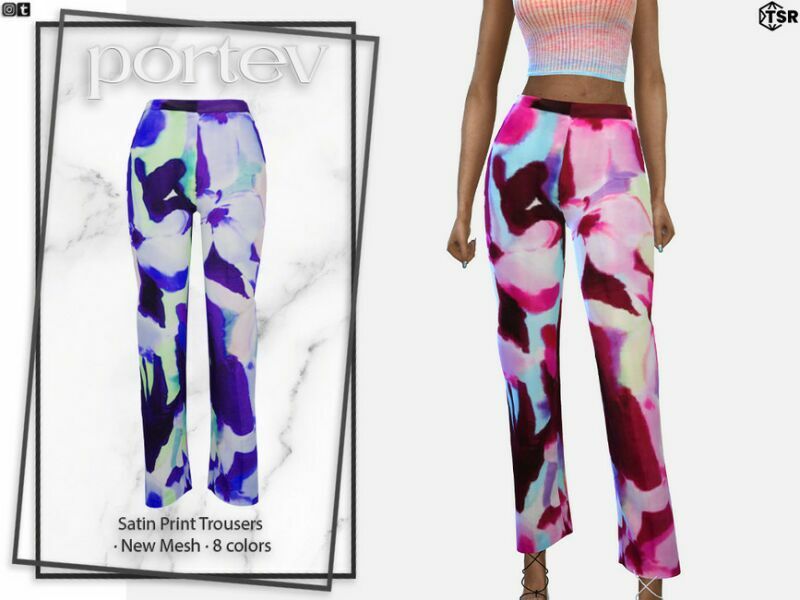 Satin Print Trousers By Portev Sims 4 CC