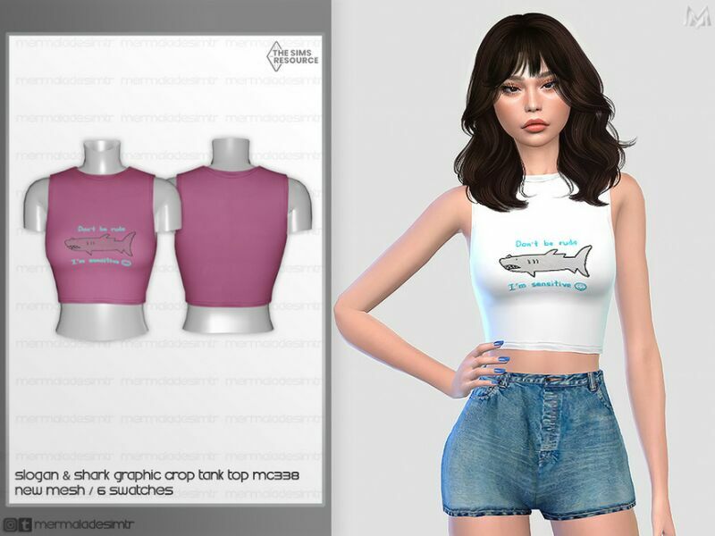 Slogan & Shark Graphic Crop Tank TOP MC338 By Mermaladesimtr Sims 4 CC