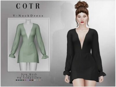 V-Neck Dress D-285 By Chordoftherings Sims 4 CC