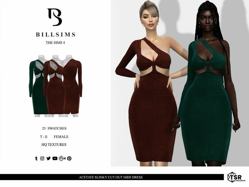 Acetate Slinky CUT OUT Midi Dress Sims 4 CC