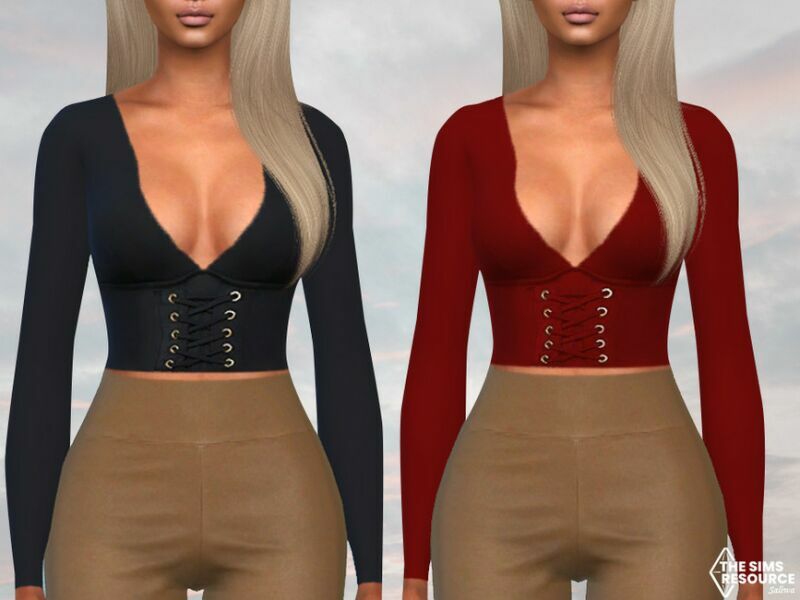 Deep Neck Pamela Long Sleeve Tops By Saliwa Sims 4 CC