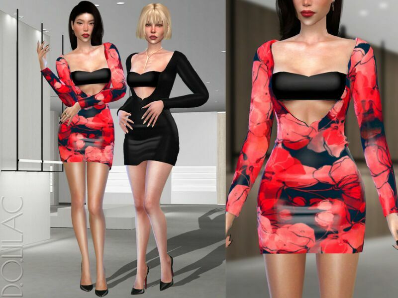 Deep V-Neck Cut-Out Midi Dress DO378 Sims 4 CC