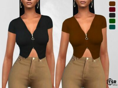 Front Zipper Short Sleeve Tops By Saliwa Sims 4 CC