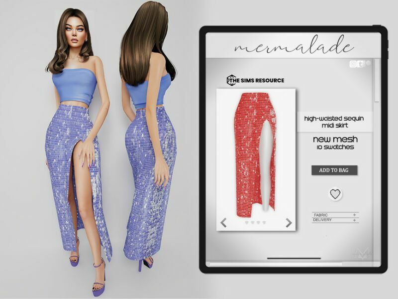 High-Waisted Sequin Midi Skirt MC421 By Mermaladesimtr Sims 4 CC