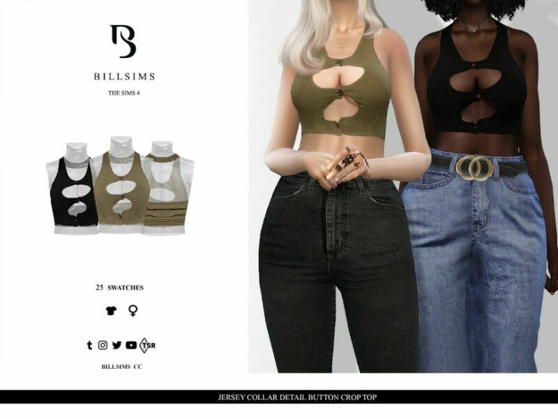 Jersey Collar Detail Button Crop TOP Sims 4 CC