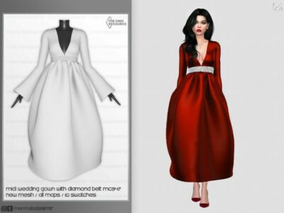 Midi Wedding Gown With Diamond Belt MC347 By Mermaladesimtr Sims 4 CC