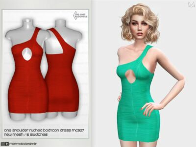 ONE Shoulder Ruched Bodycon Dress MC328 By Mermaladesimtr Sims 4 CC