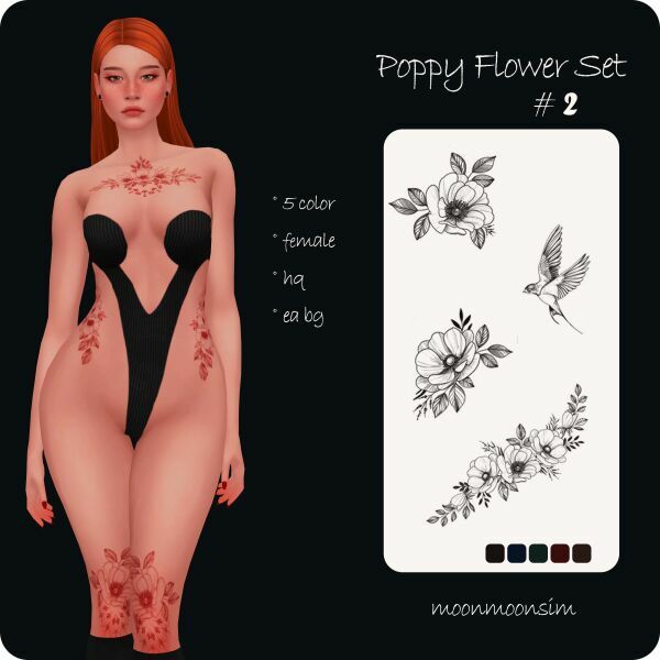 Poppy Flower Tattoo SET By Moonmoonsim Sims 4 CC