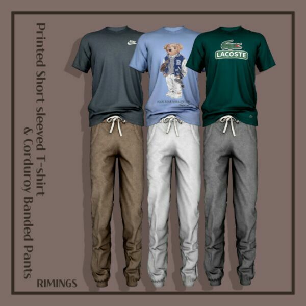 Printed Short Sleeved T-Shirt & Corduroy Banded Pants By Rimings Sims 4 CC