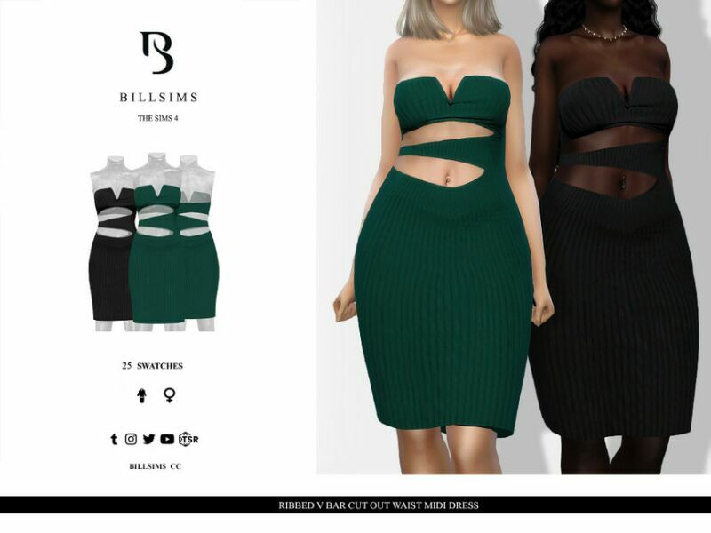 Ribbed V BAR CUT OUT Waist Midi Dress Sims 4 CC