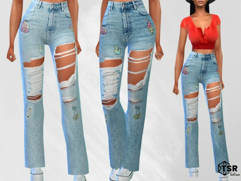 Straight LEG Applique MOM Jeans By Saliwa Sims 4 CC