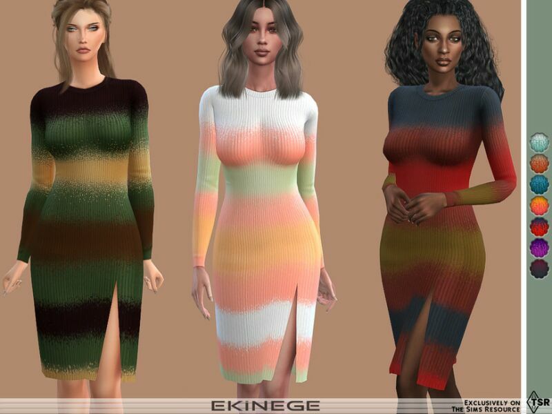 Striped RIB Knit Dress With Slit By Ekinege Sims 4 CC