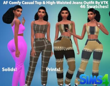 VTK AF The Casual Comfy TOP & High-Waisted Jeans HQ Outfit By VTK Sims 4 CC