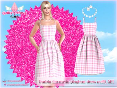 Barbie The Movie Pink Gingham Dress Outfit, SET Sims 4 CC