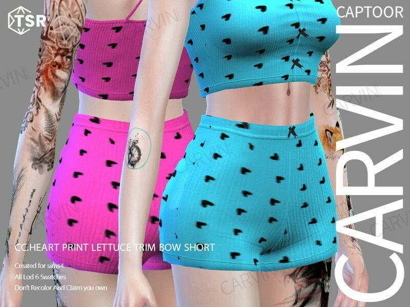 Cc.heart Print Lettuce Trim BOW Short Sims 4 CC