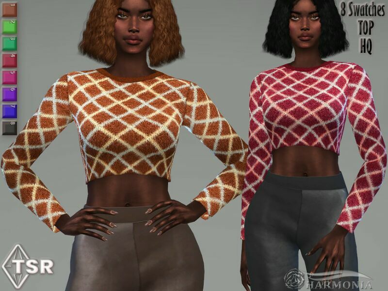 Checkered Printed Crop Sweater By Harmonia Sims 4 CC