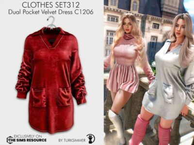 Clothes SET312 – Dual Pocket Velvet Dress C1206 By Turksimmer Sims 4 CC