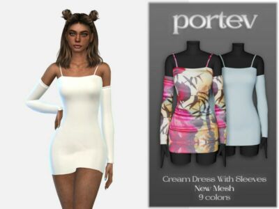 Cream Dress With Sleeves By Portev Sims 4 CC