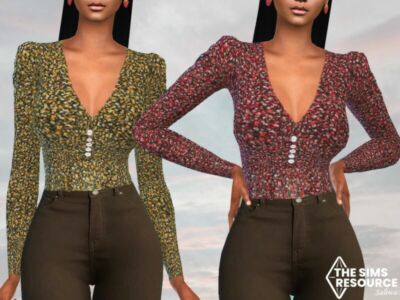 Front Button Mini Floral Mesh Blouses By Saliwa Sims 4 CC