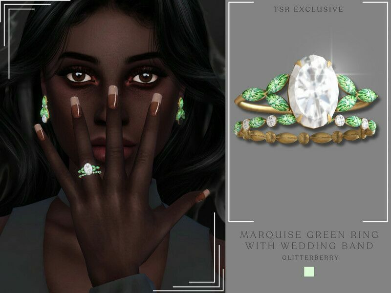 Marquise Green Ring With Wedding Band By Glitterberryfly Sims 4 CC