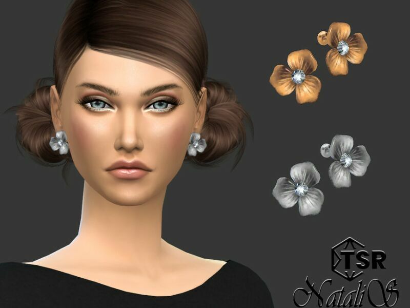 Metal Flower Stud Earrings With Crystal By Natalis Sims 4 CC