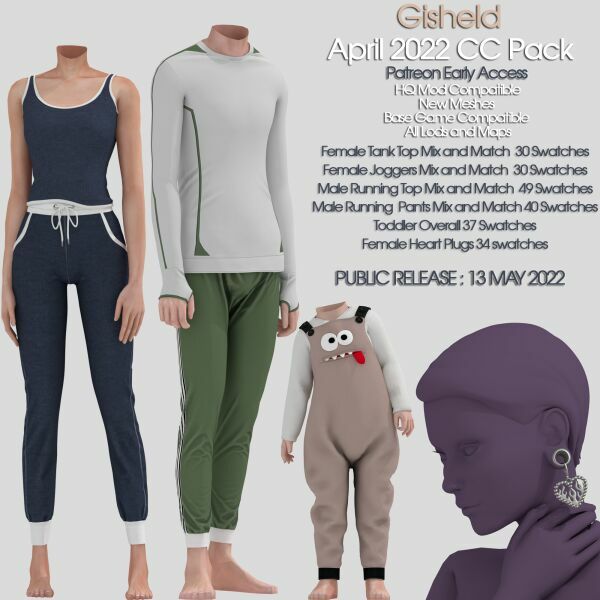 April 2022 CC Pack, Clothes For Females, Male, Toddlers And AN Accessory. By Gisheld Sims 4 CC