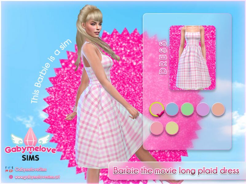 sims 4 cc barbie the movie pink long plaid dress 2