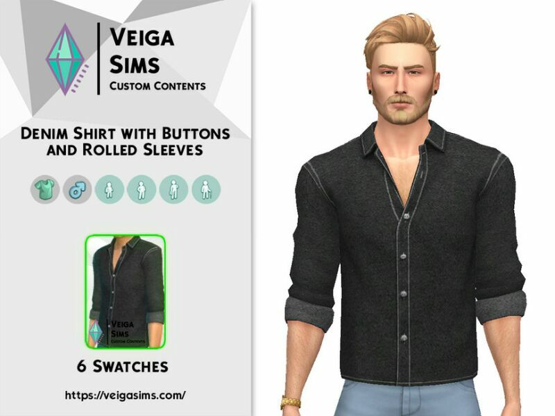 sims 4 cc denim shirt with buttons and rolled sleeves 3