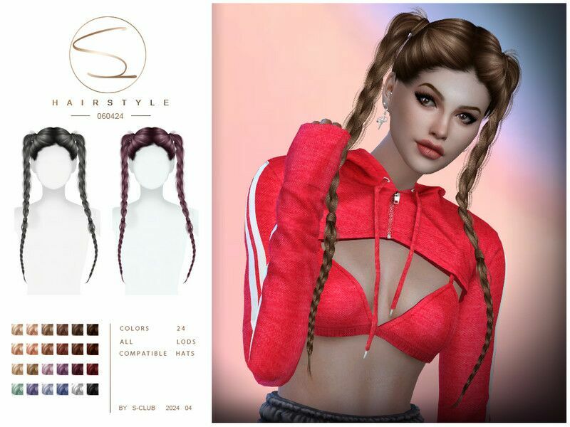 Double Braids Hairstyle 060424 By S-Club Sims 4 CC