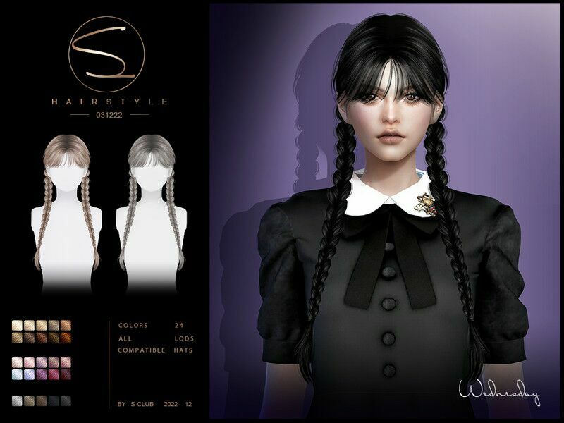 Double Braids Hairstyle(Wednesday031222) By S-Club By S-Club Sims 4 CC