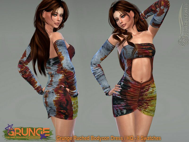 Grunge Ruched Bodycon Dress By Harmonia Sims 4 CC