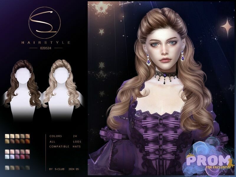 (Prom )Curly Hair 020524 By S-Club Sims 4 CC