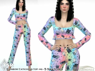 Rainbow Caticorns Pajama Crop TOP By Harmonia Sims 4 CC