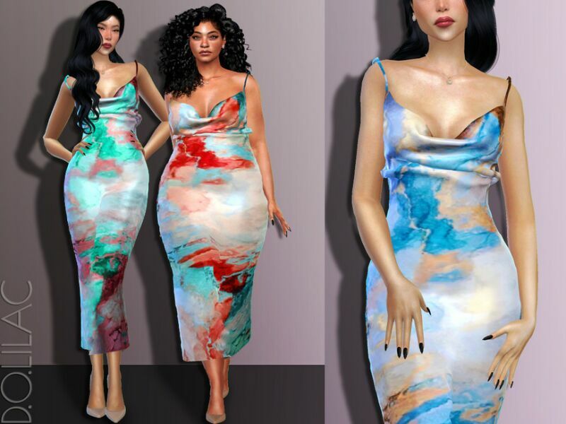 Satin Marble Print Midi Slip Dress DO534 Sims 4 CC