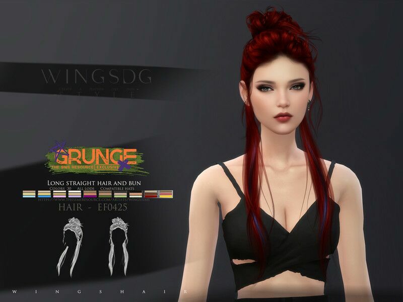 Wings-Ef0425-Long Straight Hair And BUN By Wingssims Sims 4 CC