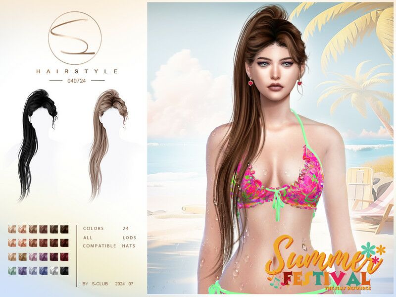 Long Ponytail Hairstyle 040724 By S-Club Sims 4 CC