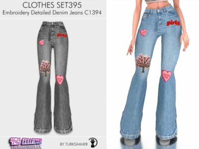 Y2K Clothes SET395 – Embroidery Detailed Denim Jeans C1394 By Turksimmer Sims 4 CC