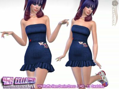 Y2K – Ruffle HEM Denim Dress By Harmonia Sims 4 CC