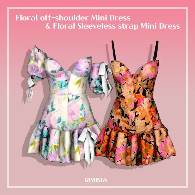 Floral Off-Shoulder & Sleeveless Strap Mini Dresses By Rimings Sims 4 CC