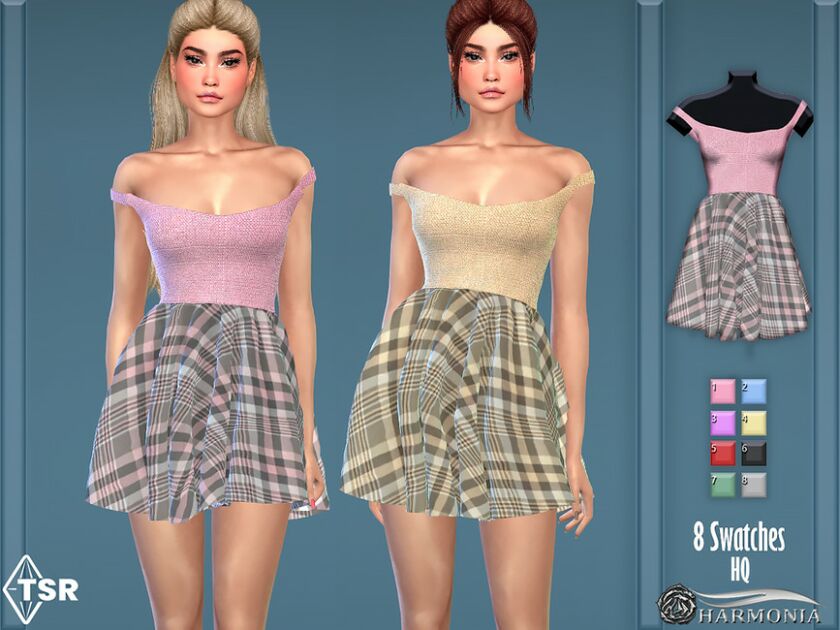 Gingham Bardot Neck Skater Dress By Harmonia Sims 4 CC