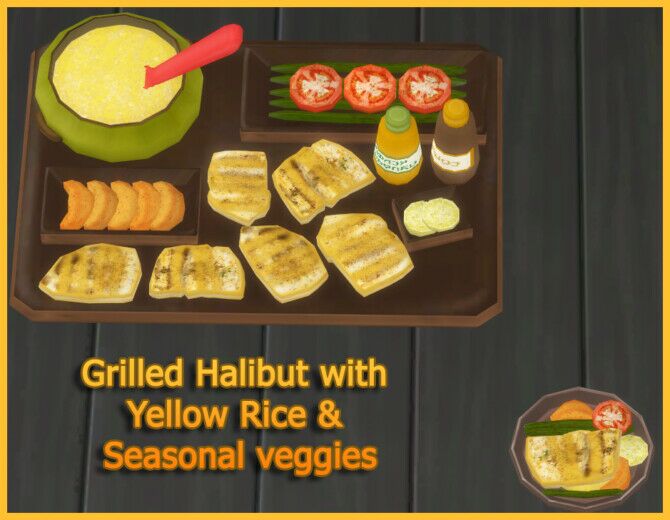 Grilled Halibut With Yellow Rice And Seasonal Veggies Sims 4 CC