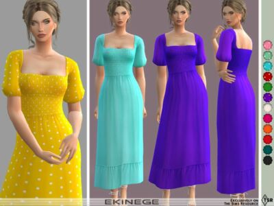 Puff Sleeve Shirred Maxi Dress By Ekinege Sims 4 CC