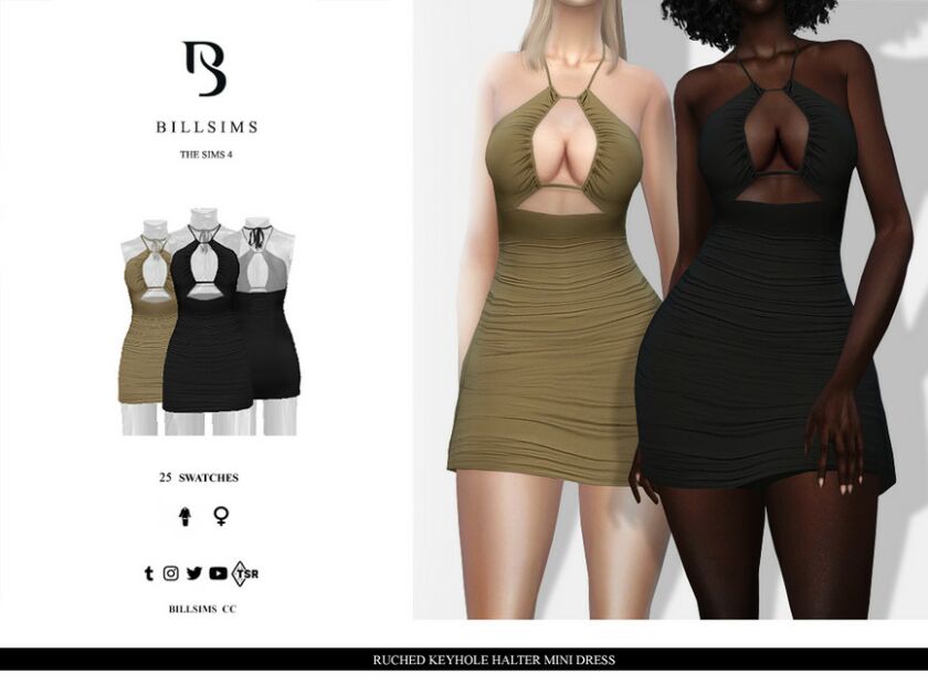 Ruched Keyhole Halter Mini Dress Sims 4 CC