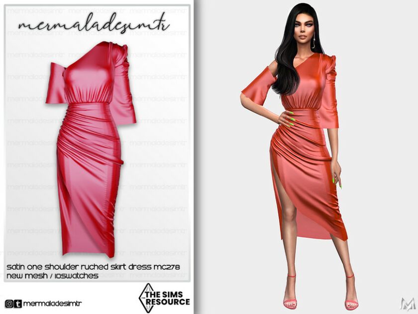 Satin ONE Shoulder Ruched Skirt Dress MC278 By Mermaladesimtr Sims 4 CC