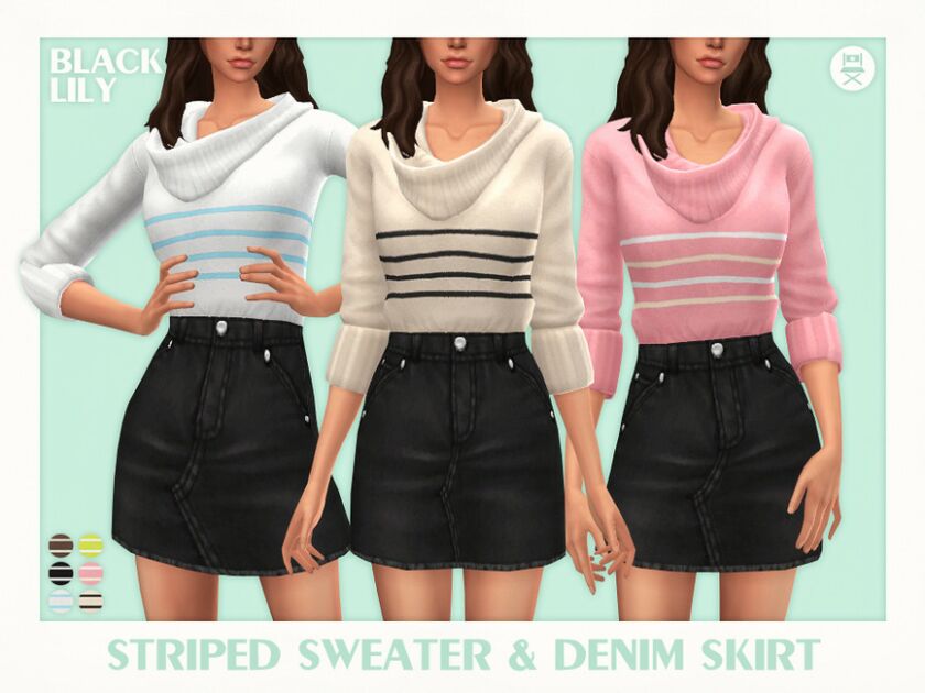 Striped Sweater & Denim Skirt Sims 4 CC