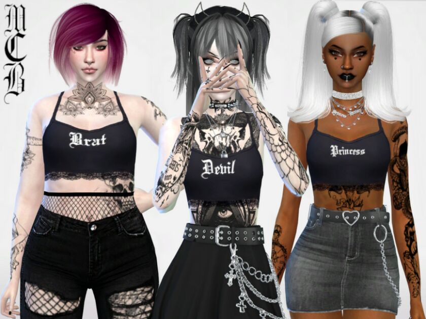 Brat, Devil And Princess Crop Tops With Lace By Maruchanbe Sims 4 CC