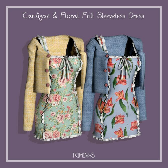 Cardigan & Floral Frill Sleeveless Dress By Rimings Sims 4 CC