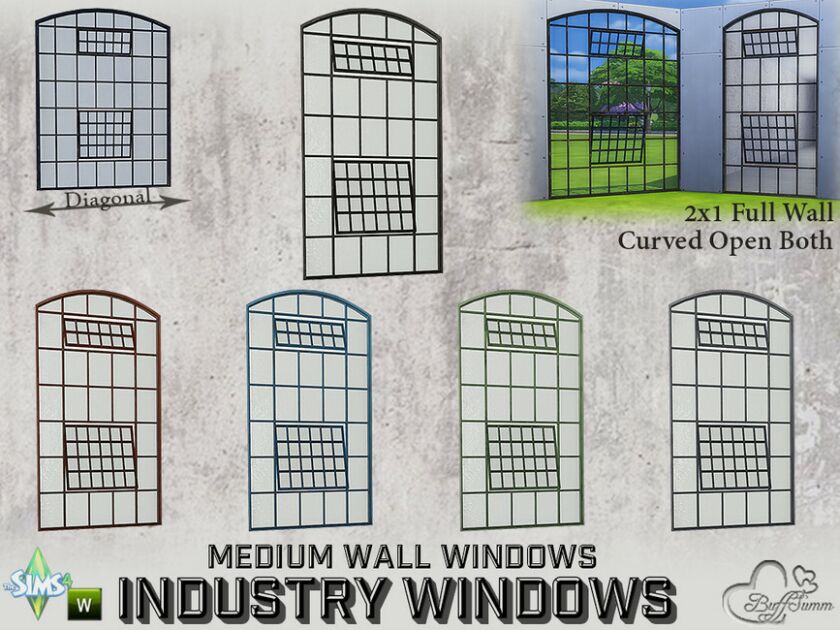 Industry Windows Medium Wall 2×1 Full Curved Open Both Sims 4 CC