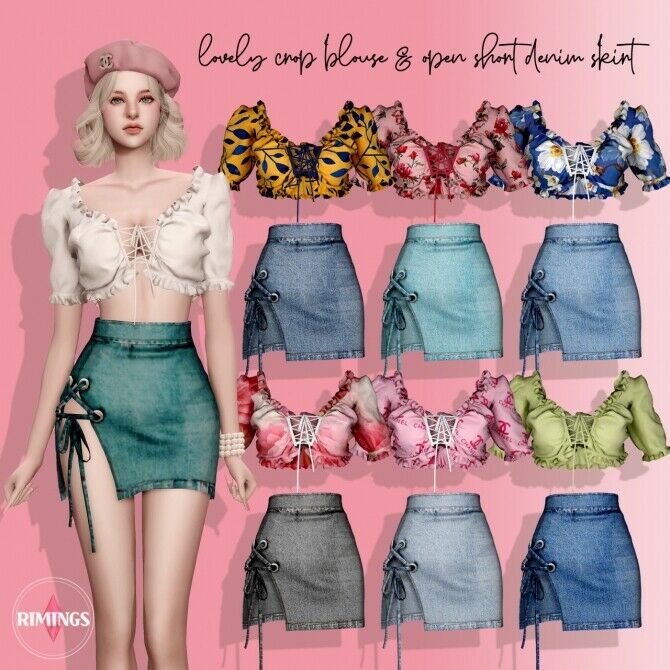 Lovely Crop Blouse & Open Short Denim Skirt Sims 4 CC