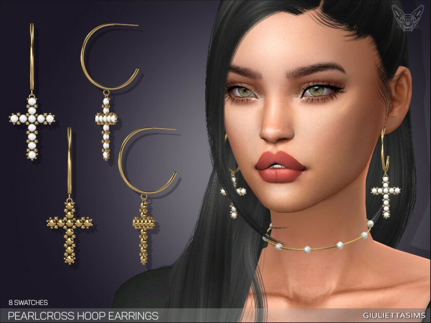 Pearl Cross Hoop Earrings By Feyona Sims 4 CC